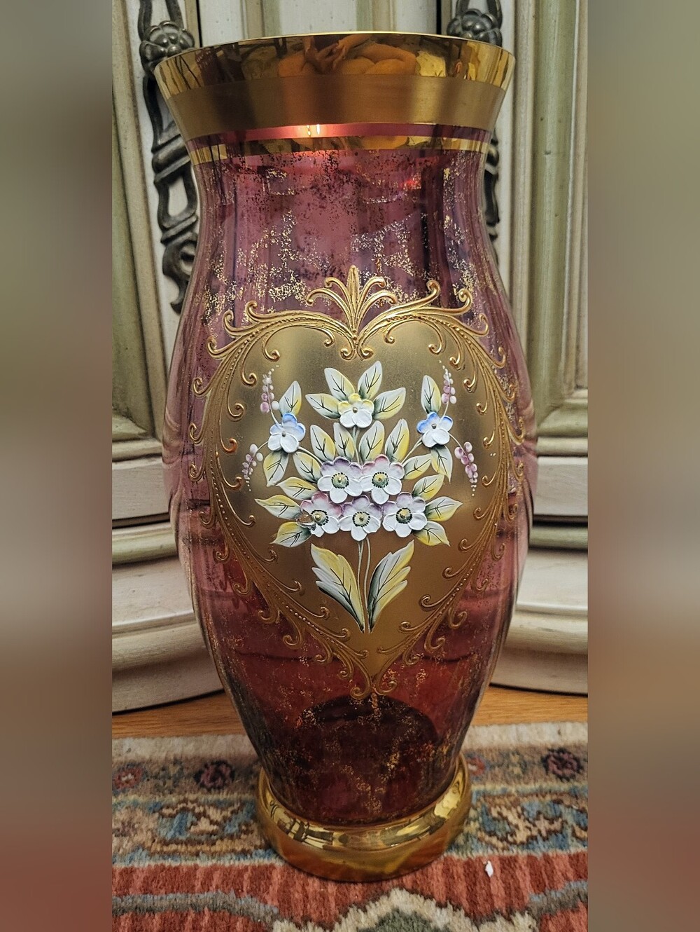 Vintage 22" Bohemian Glass Handpainted Gold Banded Applique 3D Floral Vase*